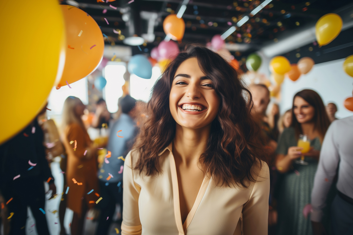 woman celebrating a business milestone in a meeting room in Hillsboro, Oregon